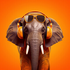 Elephant with sunglasses and music headphones on an orange background. Generative AI.