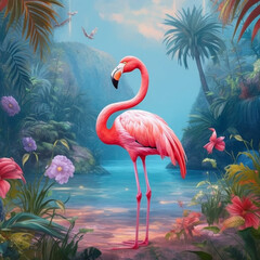 Flamingo on a tropical background. Generative AI.