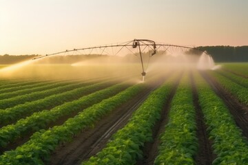 Irrigation system on agricultural soybean field. Generative AI