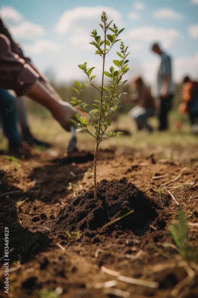 Poster a small tree is planted in the dirt. generative ai image.