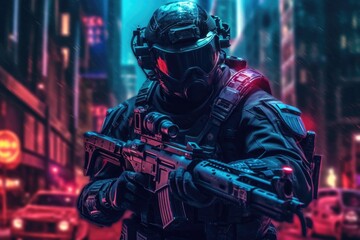 Obraz premium Special forces soldier police a with high technology gun. Generative AI