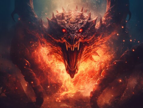 A demonic looking dragon with red eyes and flames coming out of it's mouth. Generative AI image.