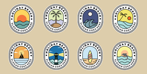 set of holiday beach logo on tropical island with palm trees and sunset ocean waves, badge vector illustration