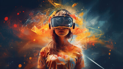 Woman wearing a VR headset, abstract  virtual reality, created with generative ai