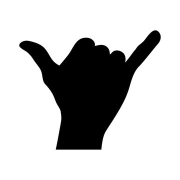 Logo club de surf. Silueta de mano con señal shaka. Mano con símbolo hang loose