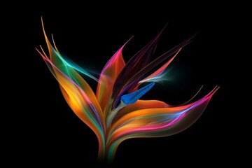 Abstract, colored bird of paradise on a black background, Generative Ai
