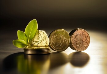 coins and green leaves-Created using Ai technology