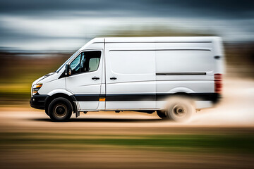 White modern delivery small shipment cargo courier van moving fast on motorway road. Mini bus driving. Blurred image. Generative AI