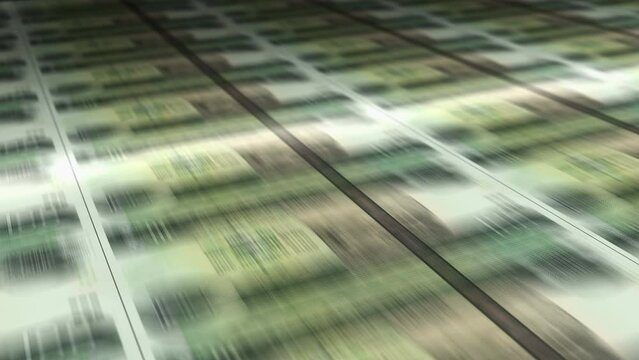 Ethiopia Birr money sheet printing. ETB banknotes loop print. Seamless and looped background concept of finance, economy crisis, inflation and business.