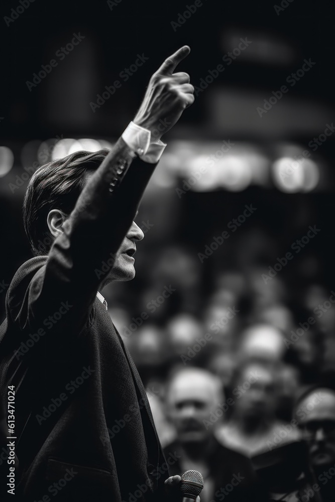 Poster a man in a suit giving a speech to a crowd. generative ai image.