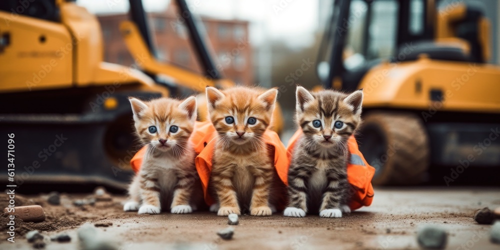 Poster a group of kittens sitting on top of a pile of dirt. generative ai image.