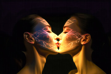 Two women kissing each other's lips with light playing. Generative AI. 