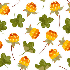 Cloudberry vector seamless pattern. Nordic yellow orange berries background. Scandinavian fruit with leaves isolated on white. Cartoon arctic tundra healthy food illustration for packaging, textile