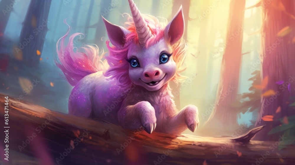 Poster a pink unicorn running through a forest. generative ai image.