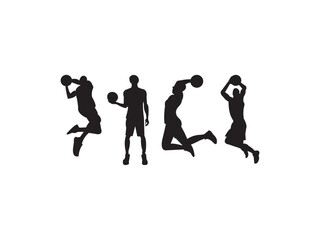Fototapeta na wymiar Vector set of Basketball player in action with ball. Silhouettes of Basketball Players Vector set boy 