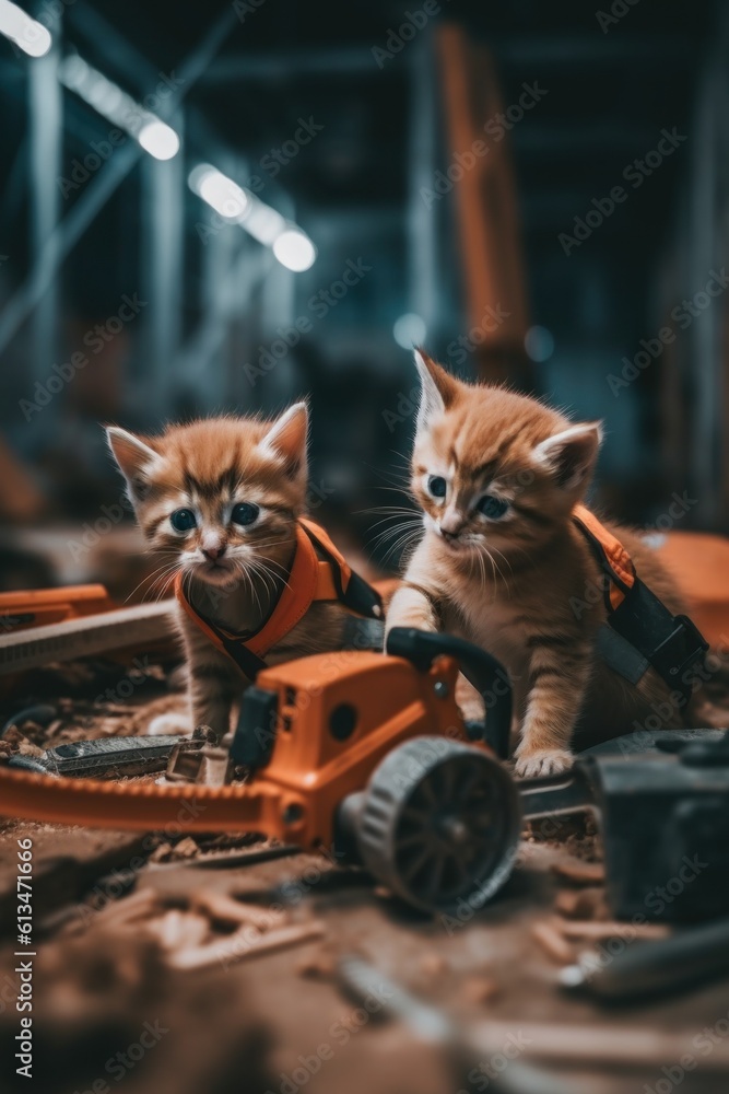 Poster two small kittens sitting next to a chainsaw. generative ai image.