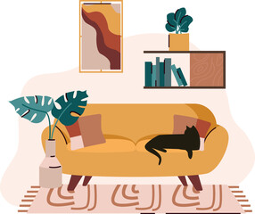 Sofa living room scene. Mid century style. Vector illustrations.