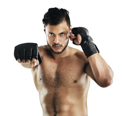 Isolated man, mma and punch in portrait with power, guard or training by transparent png...