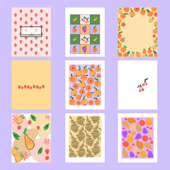 Fototapeta premium Set vector fruit posters, abstract elements and textures, correct shapes. colored cherries, peaches, pear. simple cute design