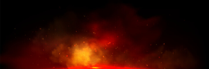 Fire spark overlay with smoke and flame background. Grill heat glow in cloud isolated transparent vector. Realistic flying orange sparkle abstract illustration. Hell bonfire fiery with hot cinder