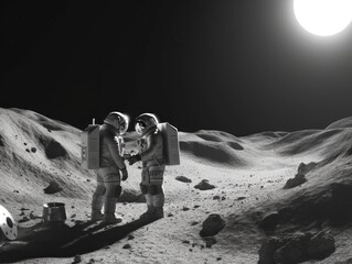 Fototapeta na wymiar A couple of people standing on top of a moon. Generative AI image.