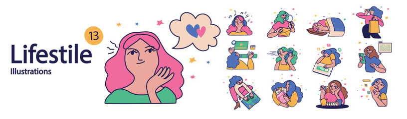 Set of mini concepts on the topic of lifestyle. Girl lifestyle illustration in flat cartoon design. Vector illustration.