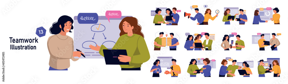 Poster set of mini concepts on the topic of teamwork. flat illustrations with cartoon characters depicting 