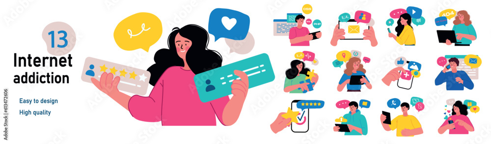 Poster set of mini concepts on the topic of internet development. illustration of stages of internet develo