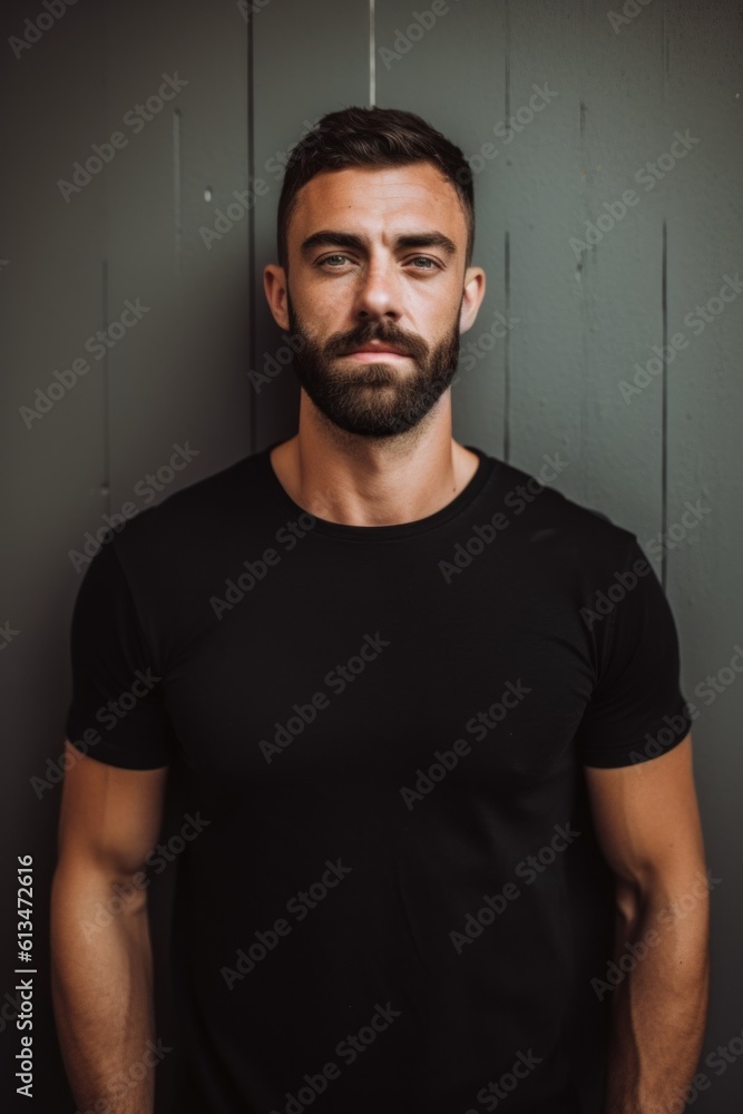 Poster a man with a beard standing against a wall. generative ai image.