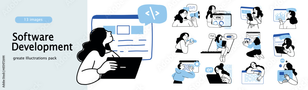 Poster set of mini concepts on the topic of software development. illustration of cartoon characters in fla