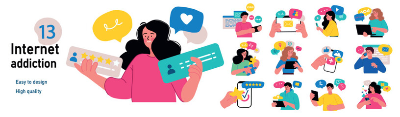 Set of mini concepts on the topic of Internet development. Illustration of stages of internet development in flat cartoon design. Vector illustration.