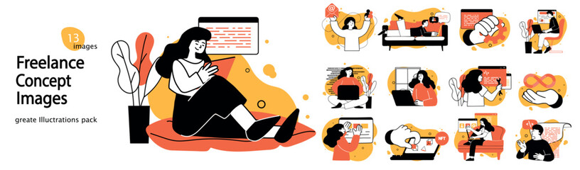Set of mini concepts on the topic of freelance. Different people do freelancing and earn money. Vector illustration.