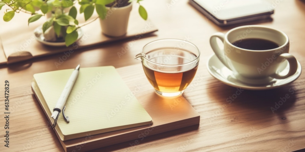 Poster a cup of tea and a notebook on a table. generative ai image.