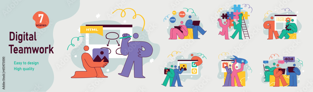 Poster set of mini concepts on the topic of teamwork. illustration of different teamwork in cartoon flat de