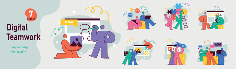 Set of mini concepts on the topic of teamwork. Illustration of different teamwork in cartoon flat design. Vector illustration.