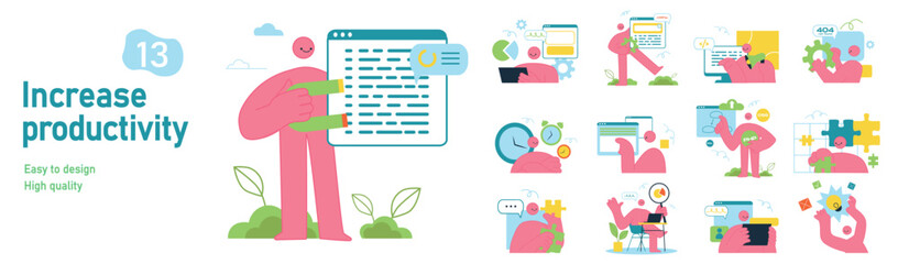 Set of mini concepts on the topic of increase productivity. Image of workers with increased productivity in cartoon style. Vector illustration.