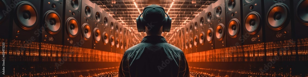 Poster a man standing in front of a wall of speakers. generative ai image.