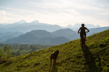 Female cycling on her mountain bike through the countryside on a sunny day.