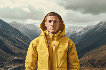 Naklejka premium portrait of young man in yellow jacket in mountains