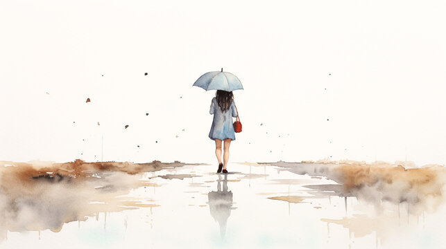 雨の中傘をさして歩く女性の後ろ姿の水彩イラスト　Generative AI