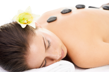 Hot stones, luxury spa and woman relax on massage bed on isolated, png and transparent background. Heat treatment, salon aesthetic and female person resting for pamper day, therapy and wellness