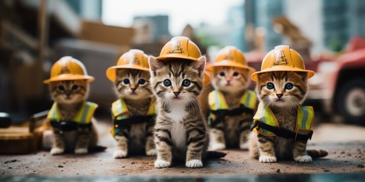 A group of small kittens wearing construction hats. Generative AI image.