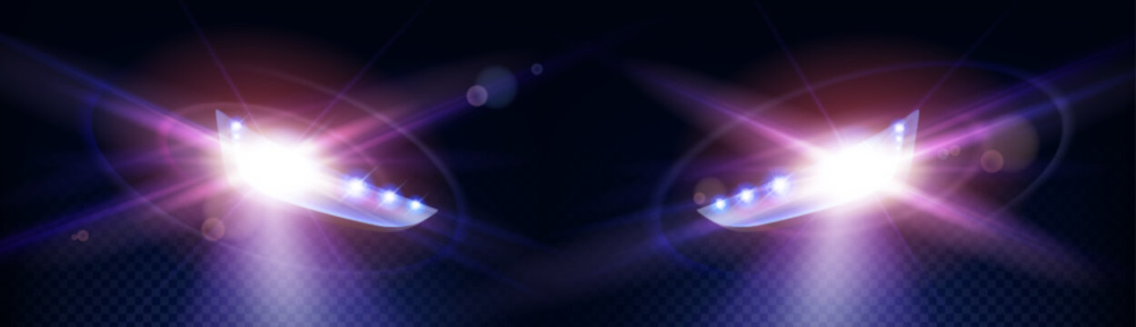 Realistic car headlights on transparent background. Vector illustration of auto headlamps shining bright, illuminating dark road, led or xenon lights glowing in at night. Vehicle design elements
