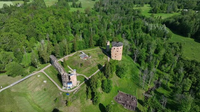 Aerial view of ruins of Vastseliina Episcopal Castle in Estonia.
