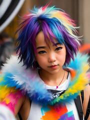 portrait of a young rebellious woman with colorful hair and fashion created with generative ai