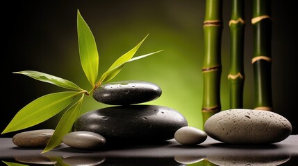 Fototapeta na wymiar Relaxing wellness background with stones and bamboo. Generative AI