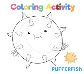 Coloring a pufferfish the sea animal. Coloring sea animals worksheet. Coloring activity for preschool and kindergarten children. Printable educational printable coloring worksheet. Vector file.