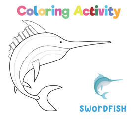 Coloring the swordfish, the sea animal. Coloring sea animals worksheet. Coloring activity for preschool and kindergarten children. Printable educational printable coloring worksheet. Vector file.