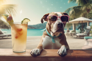 Fototapeta na wymiar Animals, travel and vacation concept. Funny and cute looking dog on vacation relaxing near pool with exotic and tropical cocktail. Pet wearing sunglasses. Generative AI