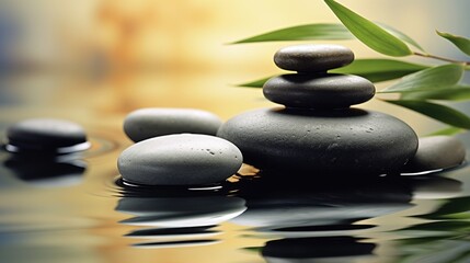 Fototapeta na wymiar Relaxing wellness background with stones and bamboo. Generative AI